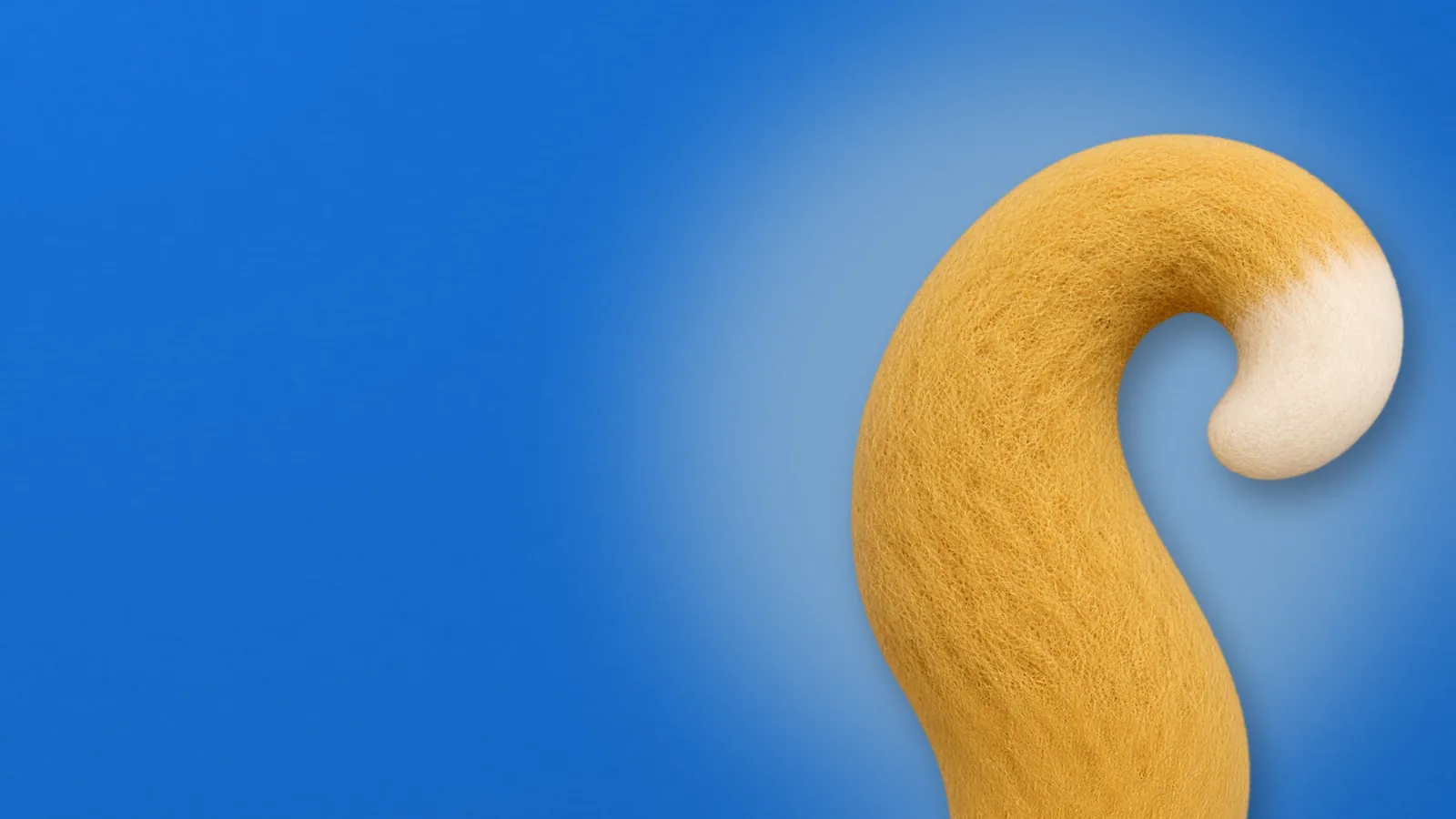 A golden felt tail with a cream tip, curled like a bookmark, on a blue background